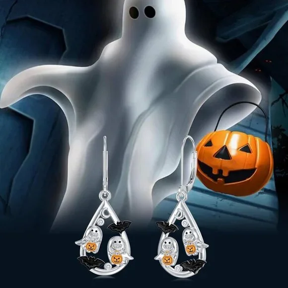 925 Sterling Silver Halloween Earrings Black Cat Pumpkin Skeleton Leverback Jewe